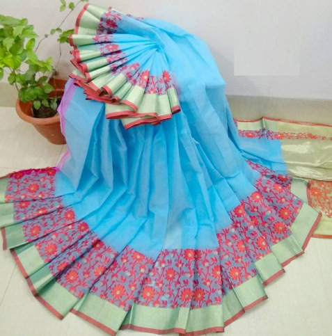 Half Silk Sky Blue Color Jamdani Saree PB-8447