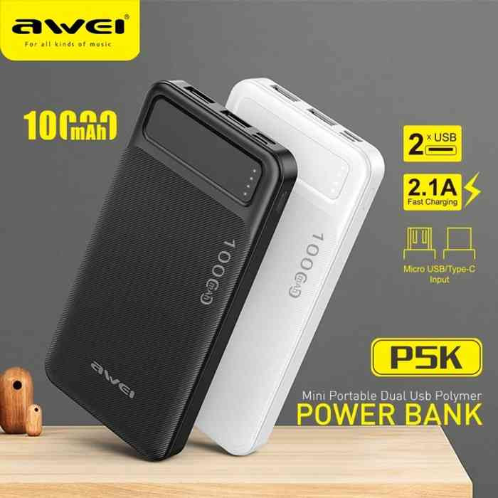 AWEI P5K Portable Power Bank 10000mAh Powerbank Dual USB A Type c Micro Dual input Fast Charge Travel Poverbank POWER BANK